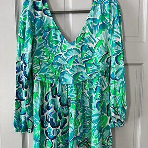 Lilly Pulitzer Green Teal Blue Floral V-Neck Long Sleeve Dress